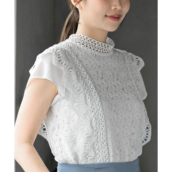 ブラウス シャツ プチハイネックフレンチスリーブレースブラウス レディース