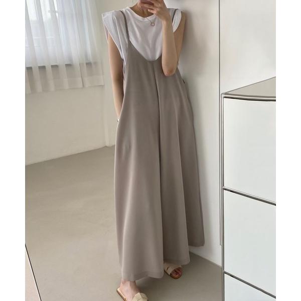 オールインワン シンプル万能 とろみ素材 ワイドシルエット サロペットパンツ 細ストラップ オールイ...