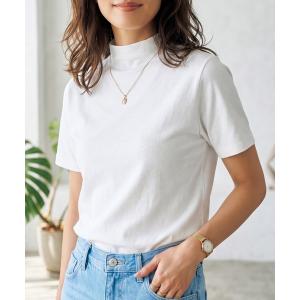 tシャツ 半袖 「接触冷感 」ひんやり 強撚コットン モックネック 半袖 フライスTシャツ / 薄手 インナー カットソー レディース