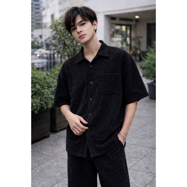 シャツ 半袖 「Bls」 「ZM」「Bling Leads」レオパード柄 パイルオープンカラーシャツ...