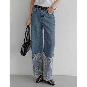 ジーンズ デニム デニムパンツ 「低身長/高身長サイズ有」裾レースデザインストレートデニム レディース
