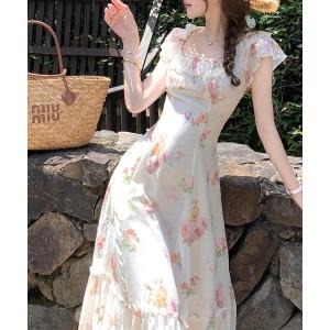 ワンピース フラワープリント フリルネックワンピース（ウエストシェイプ・ロング丈）