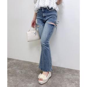 ジーンズ デニム デニムパンツ サイドリボンフレアデニムパンツ レディース