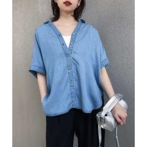 tシャツ ライトデニムGOLD釦キーネックシャツ レディース