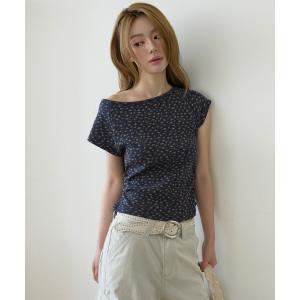 tシャツ 「UNE ORIGINAL」「ボートネック/ワンショルダー2WAY仕様」ワッフル素材×花柄パターンサイドシャーリングTシャツカットソー