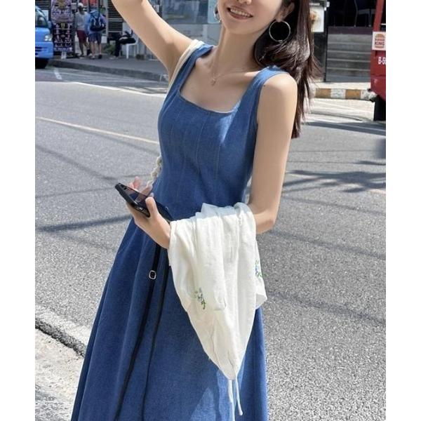 ワンピース レディース ワンピース ノースリーブ スクエアネック ブルー ロング丈