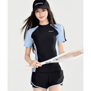 水着 体型カバー 「大きいサイズ有/フィットネスビキニ2点セット」半袖バイカラー配色ブラ一体型ラッシュガードトップス+レイヤード風ショーツ一体型パン…