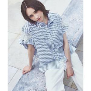ブラウス シャツ ラメストライプ/無地_モチーフレース付ビッグシルエットシャツ レディース