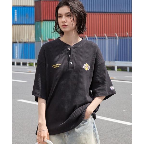 ヘンリーネック tシャツ NBA/エヌビーエー 別注 ロゴ刺繍 ワッフルヘンリー半袖Tシャツ メンズ...