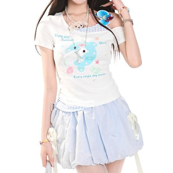 tシャツ 半袖 HOOK for girls　花ヘアクリップ付きイルカ× ギンガム切替ワンショルダー...