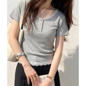 ヘンリーネック tシャツ 半袖 ヘンリーネックレースレイヤード風リブトップス レディース
