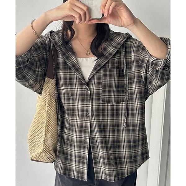 ブラウス シャツ フード付シアーチェックオーバーサイズパーカーシャツ レディース