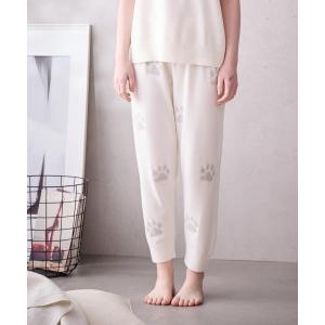 パジャマ ルームウェア ランダム猫足跡　夏ニットロングパンツ レディース
