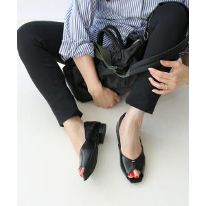 パンプス スクエアオープントゥVカットフラットシューズ「低反発スポンジ入り」
