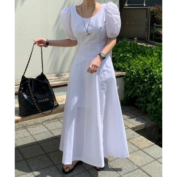 ワンピース 半袖 ラウンドネックパフスリーブウエスト切替ロングワンピース 半袖フレアシルエット
