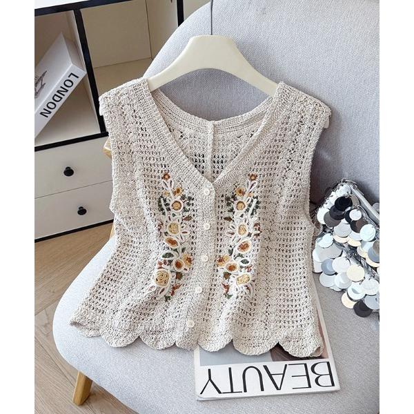 ベスト ジレ Vネックかぎ編み透かし編みフラワー刺繍ノースリーブベスト 前ボタンデザイン レディース