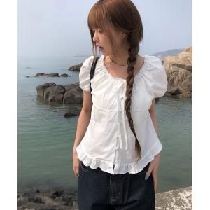 ブラウス シャツ レースリボンくるみボタン裾フリルパフ半袖ブラウス レディース