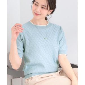 ニット セーター 「洗濯機可/S-LL」大人上品なダイヤ編み柄 配色半袖ニット レディース