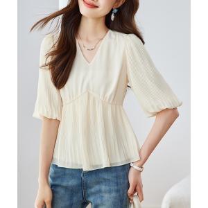 ブラウス シャツ Vネックプリーツデザインブラウス 長袖トップス レディース