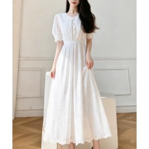ワンピース Vネックレース半袖ワンピース ウエストギャザー切替フレアロング丈