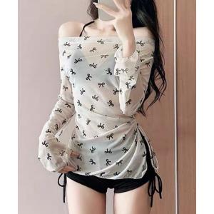 水着 リボン柄シアートップス付きビキニセット レディース