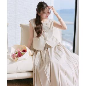 セットアップ 洗える ストレッチ ｜ アシンメトリー ジレ ＆ ボックス プリーツスカート セットアップ ｜ 夏ワンピース・夏セットアップ・スカートセット…