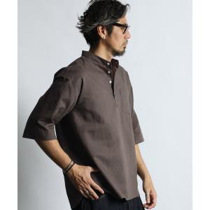 シャツ LINEN BLEND BAND COLLAR 3Q SETUP SHIRT：綿麻素材 セットアップ 7分袖 バンドカラーシャツ メンズ