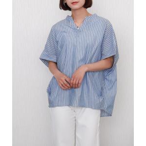 ブラウス シャツ 「吸水速乾／UVケア／抗菌防臭」リネンストライプドルマンシャツ バンドカラー レディース