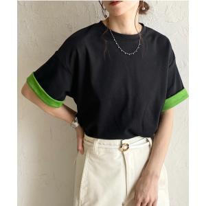 tシャツ 半袖 バイカラー配色 袖ロールアップ Tシャツ レディース