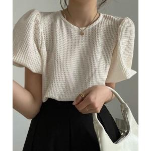 tシャツ ラウンドネック パフスリーブ ワッフルテクスチャ 半袖 トップス レディース