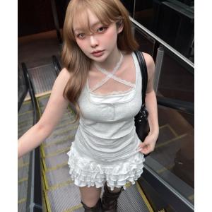 キャミソール 「ボーダー / レース」カップ付きレイヤードキャミソール / ヘンリーネックタンクトップ