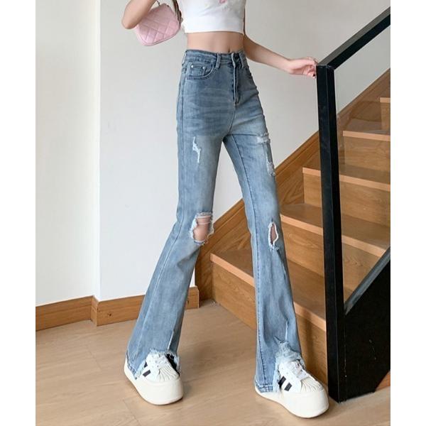 ジーンズ デニム デニムパンツ ハイウエストダメージフレアデニムパンツ レディース