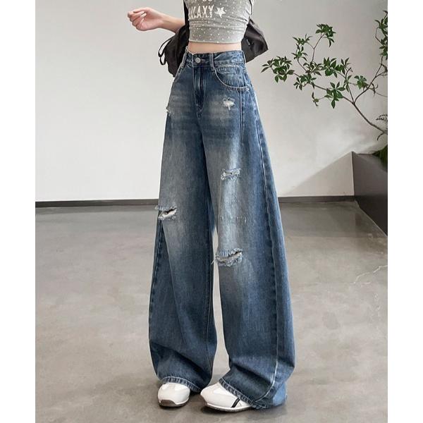 ワイドパンツ ジーンズ デニム デニムパンツ ハイウエストダメージワイドデニムパンツ レディース