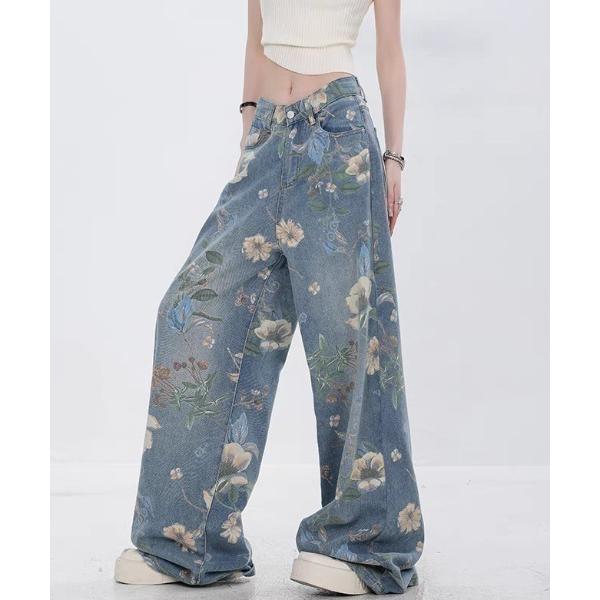 ワイドパンツ ジーンズ デニム デニムパンツ フラワープリントルーズワイドデニムパンツ レディース