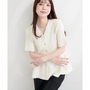 カーディガン ランダムリブ５分袖ペプラムニットカーディガン レディース