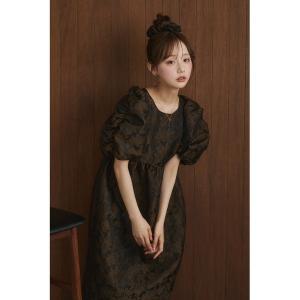 ワンピース 半袖 シュシュ付き パフスリーブ ジャガード ワンピース  「別売りビスチェとセット着用可能」