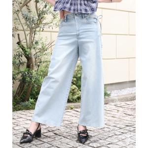 ジーンズ デニム デニムパンツ 「選べる3サイズ」サイドカットレース美脚ビジューワイドデニム レディース