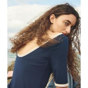 tシャツ カップ付きバックオープンTシャツ　5分袖 レディース