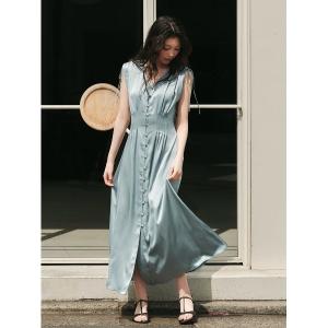 ワンピース ウエストタックサテンワンピース／ウォッシャブル
