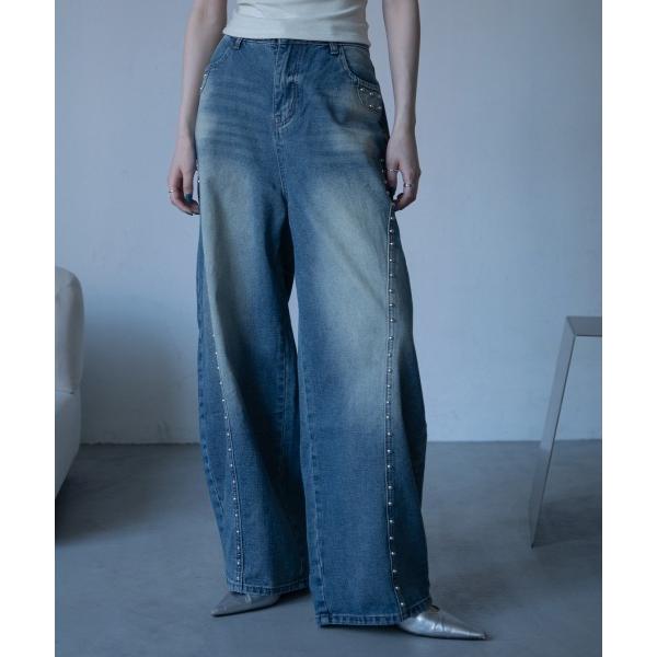 ジーンズ デニム デニムパンツ スタッズラインワイドデニム レディース