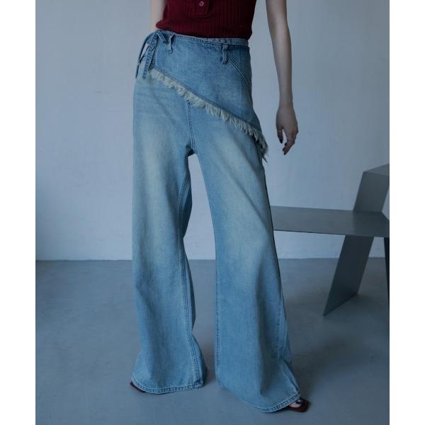 ワイドパンツ ジーンズ デニム デニムパンツ 巻きフリンジスカーフ付きレイヤードデニム レディース