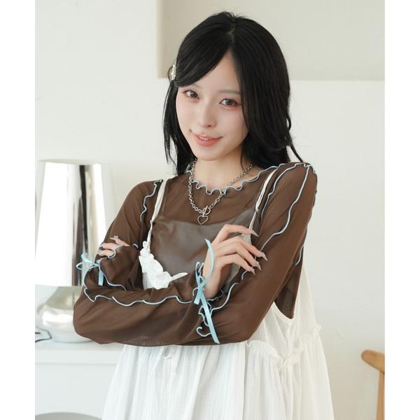 tシャツ 袖リボンシアーメロートップス レディース
