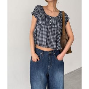 ブラウス シャツ HARING　チェック半袖パフブラウス レディース