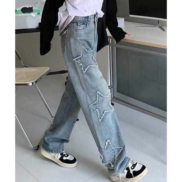 ジーンズ デニム デニムパンツ 星パッチワークストレートデニムパンツ レディース