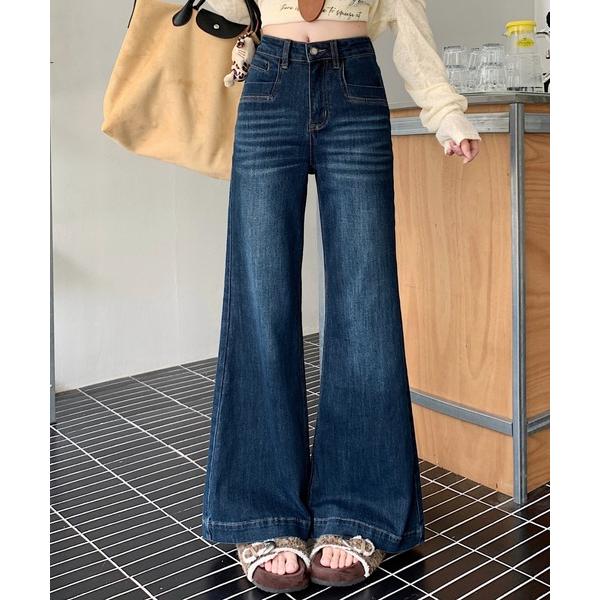 ジーンズ デニム デニムパンツ ハイウエスト ポケットデザイン 微フレア ワイドレッグ デニムパンツ...