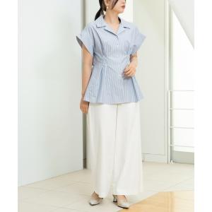 ブラウス シャツ ブルーマルチストライプ_ウエストタックシャツ レディース