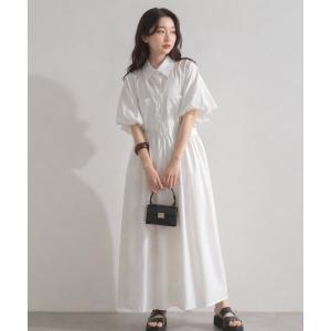ワンピース パフスリーブシャツワンピース/ロング丈/スタイルアップ/大人可愛い