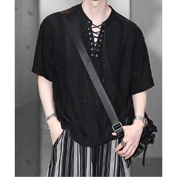 ヘンリーネック tシャツ ISOLTE シアージャガード レースアップ ヘンリー ルーズTシャツ メ...