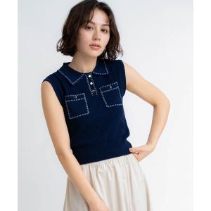 ニット セーター 鹿の子編みステッチノースリポロニット レディース