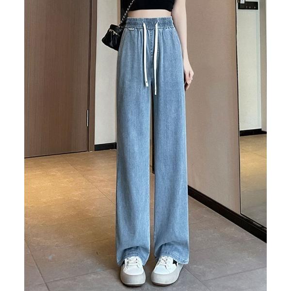 ワイドパンツ ジーンズ デニム デニムパンツ ウエストゴムストレートデニムパンツ レディース